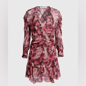 IRO Paris Wick Long-Sleeve Ruched Flounce Dress Size 38 Red Pink Black